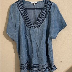 Skies Are Blue Chambray V-Neck Blouse with Embroidery Boho Chic